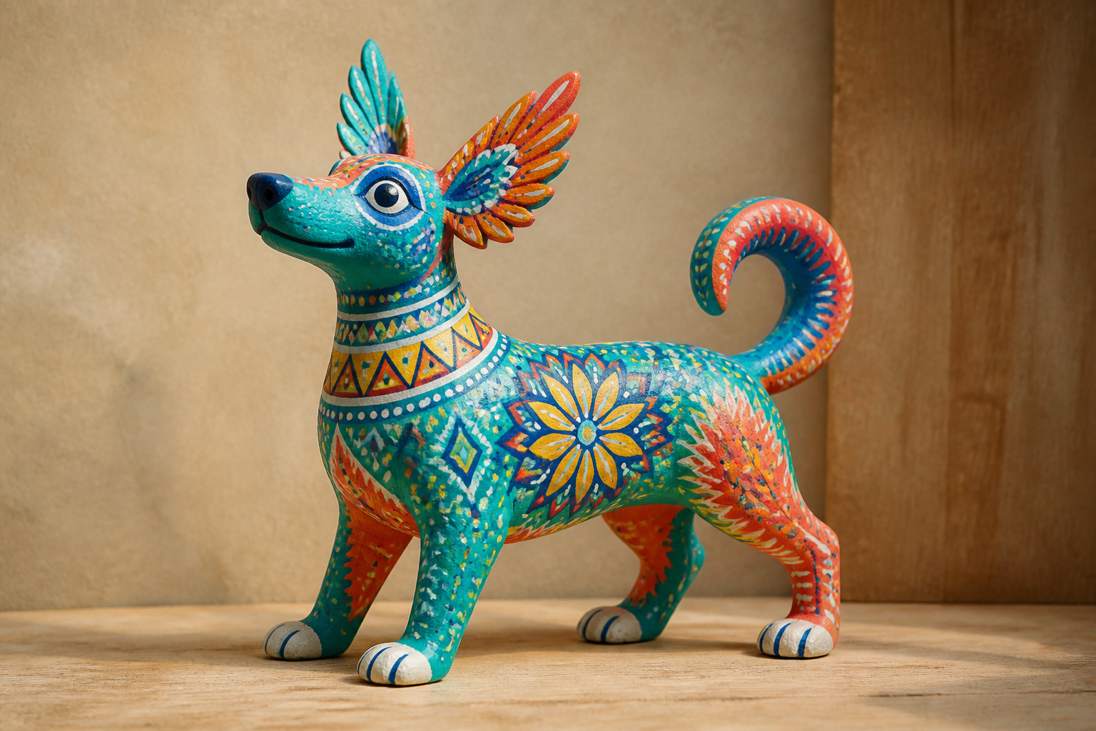 Alebrije artesanal inspirado en un perro, pintado en turquesa, coral y amarillo